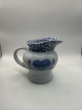 Vintage Blue White Heart Ceramic Pitcher Jug Made In China 5” *